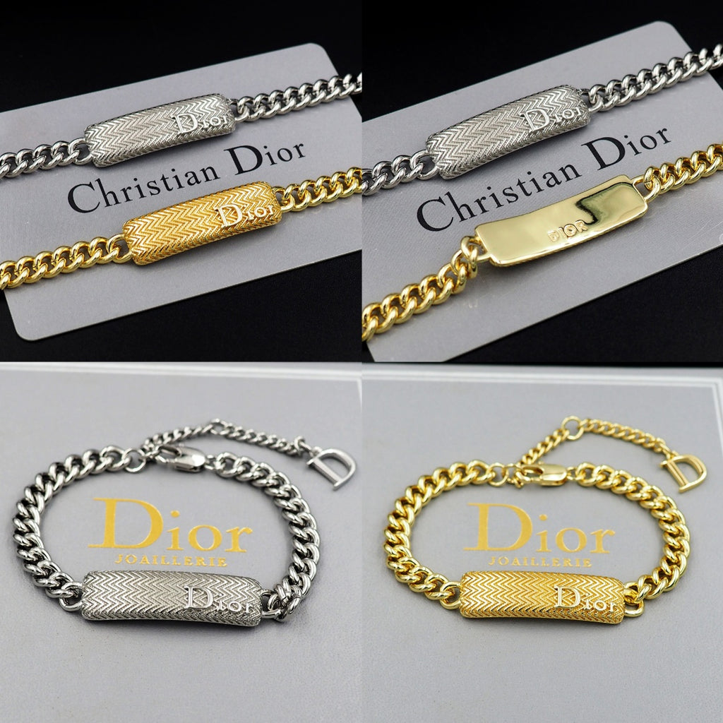 Dior bracelet set featuring silver and gold-tone chain designs with bar charms.