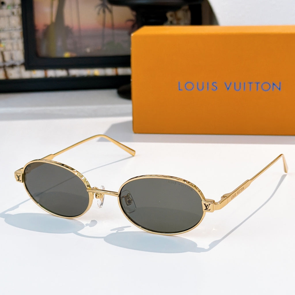 Louis Vuitton sunglasses, gold-tone oval frames with dark brown lenses, front view.