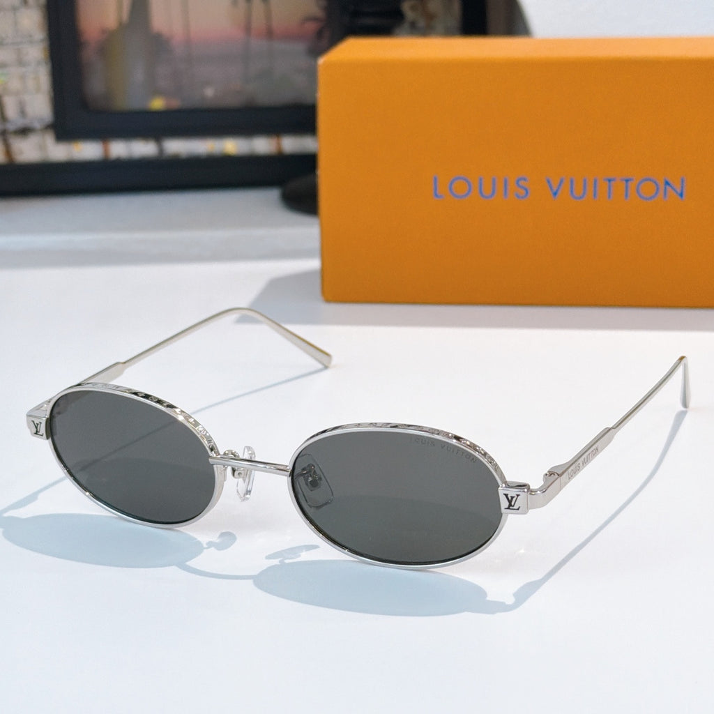 Louis Vuitton sunglasses, silver-tone oval frames with dark lenses and logo arms.