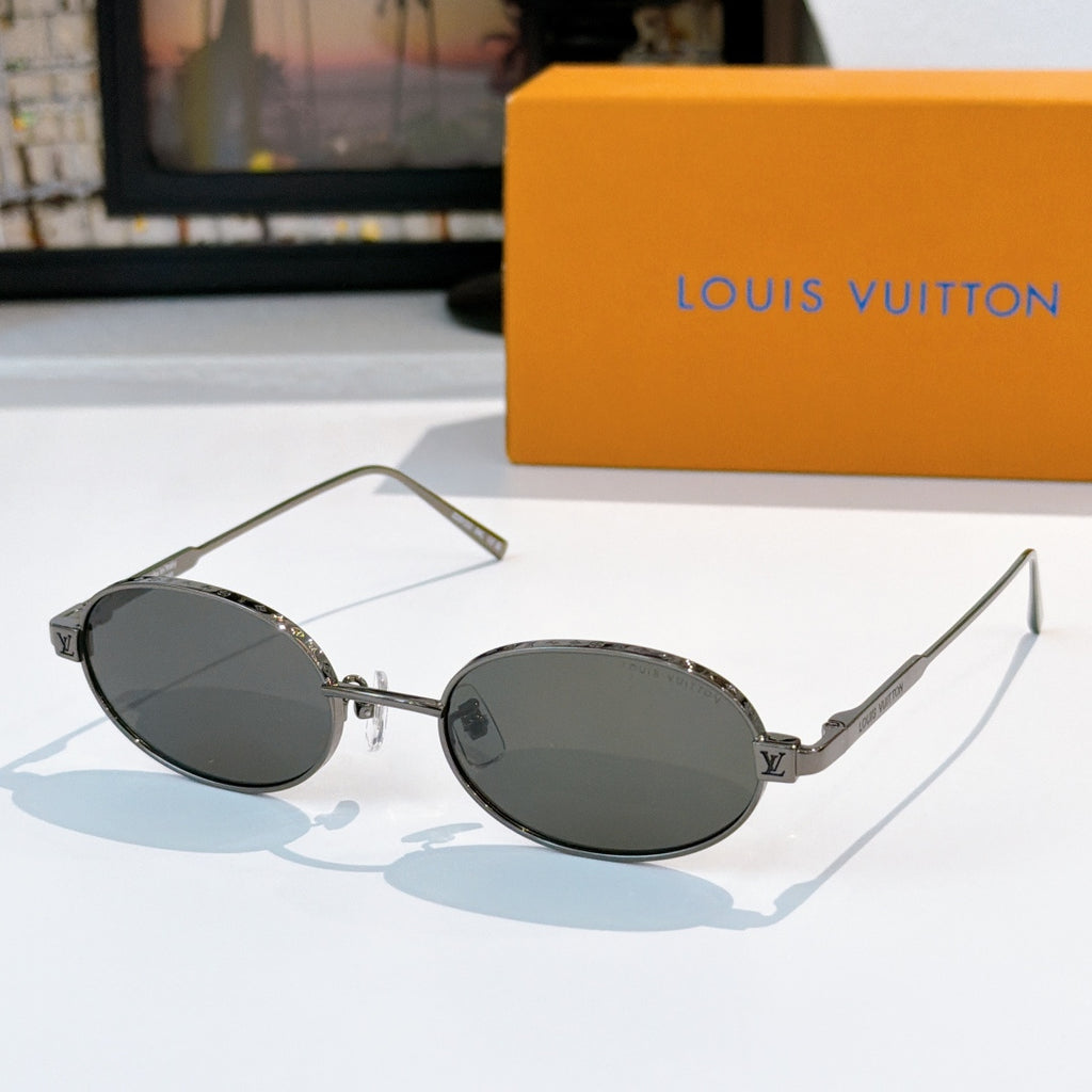 Louis Vuitton sunglasses, silver-tone oval frames with dark lenses, angled front view.