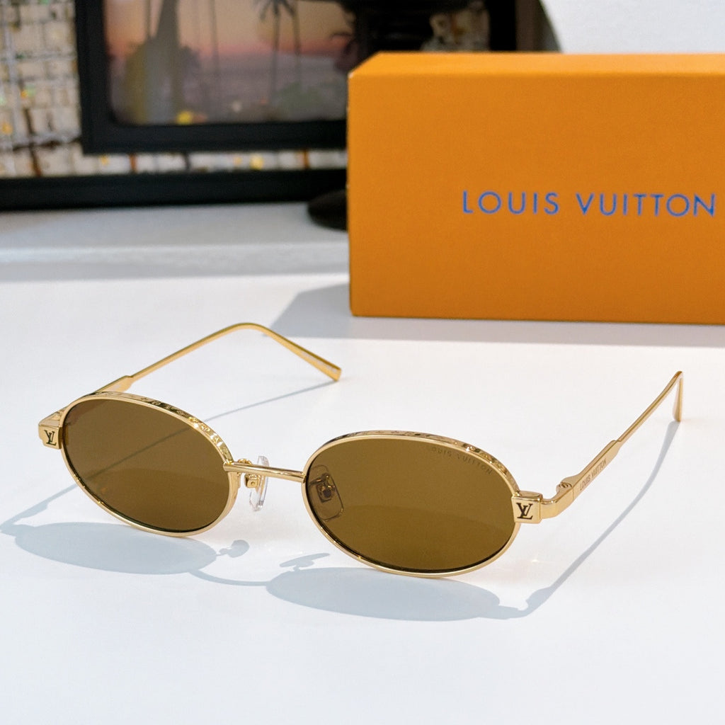 Louis Vuitton sunglasses, gold-tone oval frames with brown lenses, angled front view.
