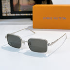 Silver-tone sunglasses with dark gray lenses and rectangular square frames