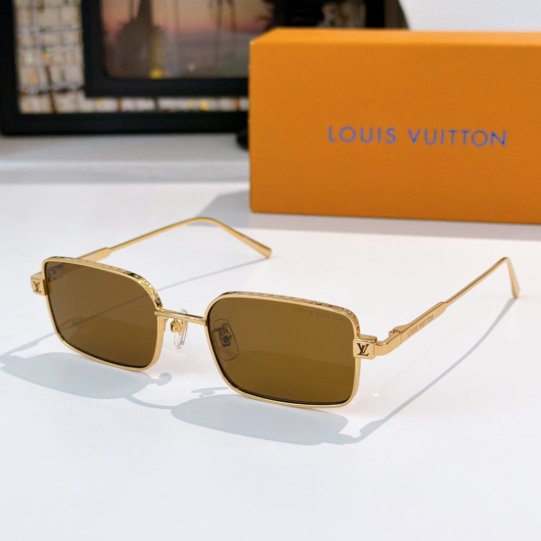 Gold-tone sunglasses with brown lenses and rectangular square frames