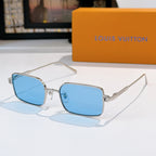 Silver-tone sunglasses with light blue lenses and rectangular square frames