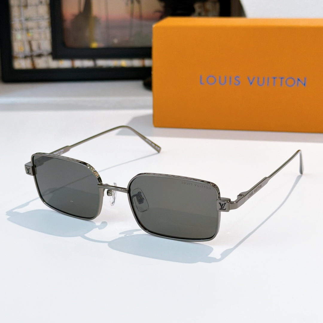 Silver-tone sunglasses with dark gray lenses and rectangular square frames