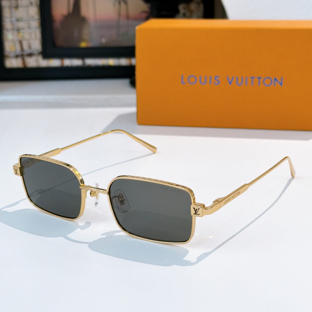 Gold-tone sunglasses with dark lenses and rectangular square frames
