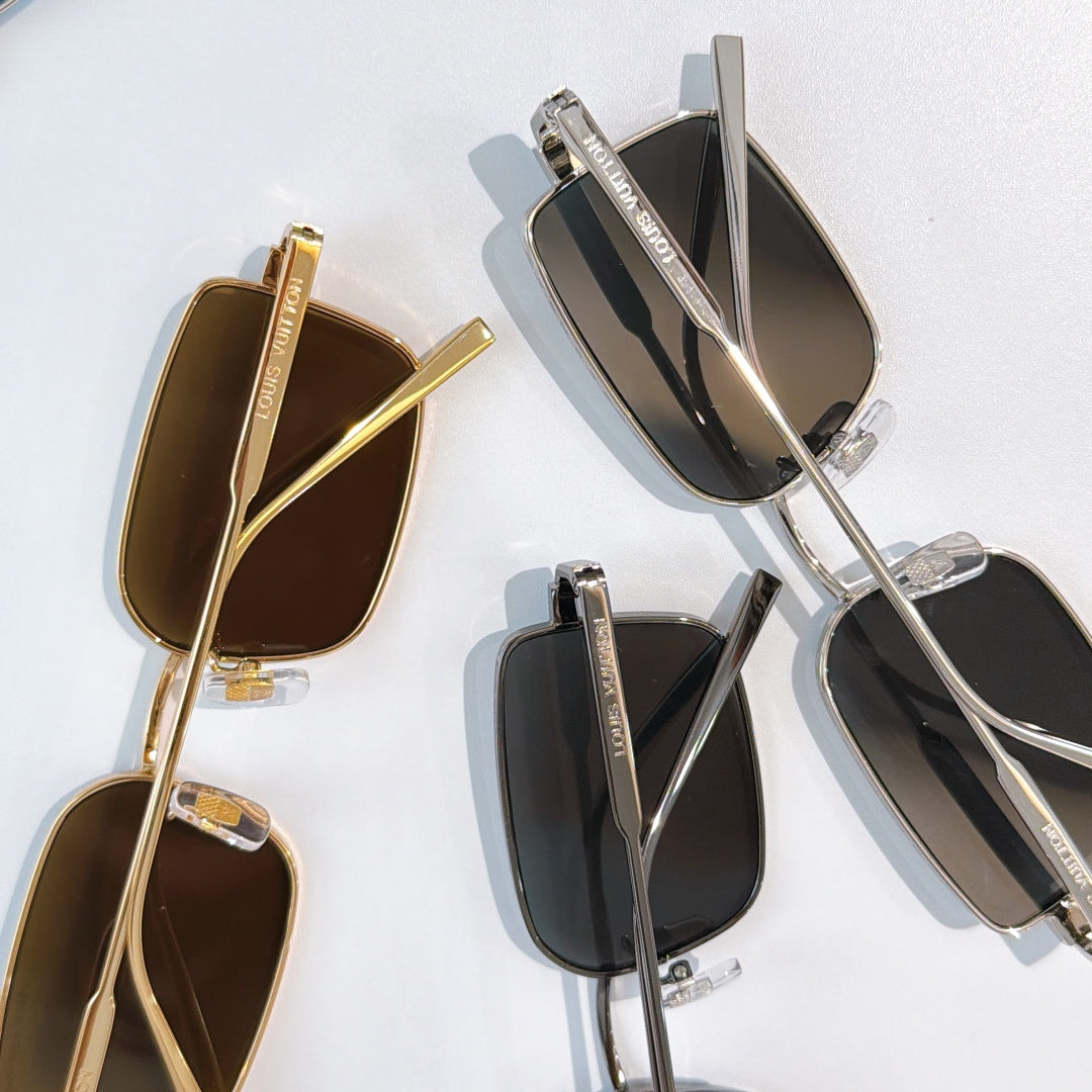 Assorted sunglasses with glossy frames and dark lenses, shown from side angles