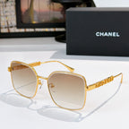 Chanel gold-tone square sunglasses with light lenses and textured logo temple detail
