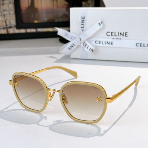 Round sunglasses with gold frame and gold temples, light brown gradient lenses
