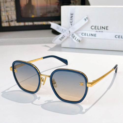 Round sunglasses with gold frame and dark blue temples, blue-tinted gradient lenses