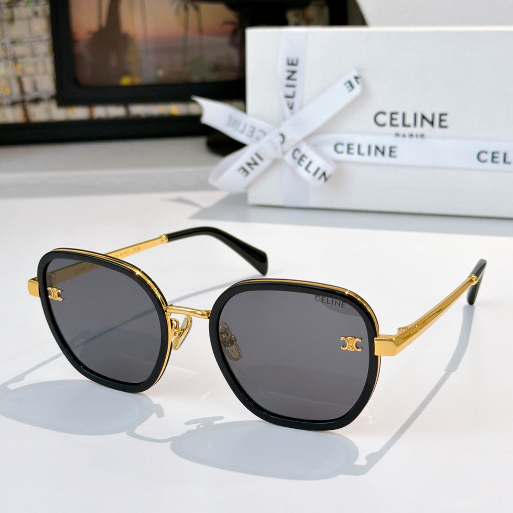 Square-round sunglasses with dark frame and gold hardware, dark smoke gradient lenses