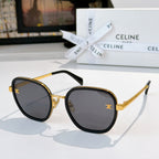 Square-round sunglasses with dark frame and gold hardware, dark smoke gradient lenses