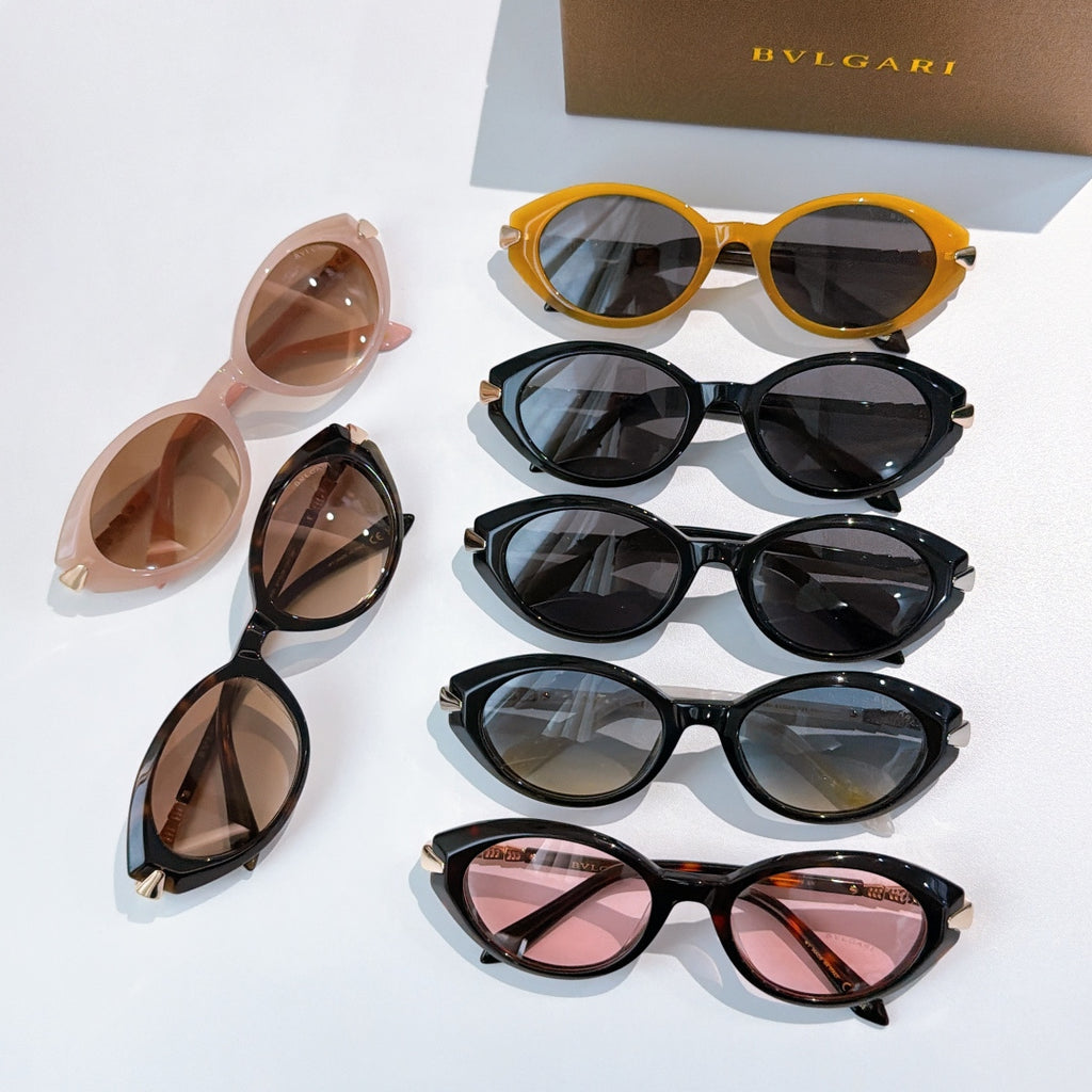 Bvlgari sunglass collection with pink, black, yellow, and tortoise frames, assorted lenses
