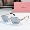 Gold metal sunglasses with light blue lenses and rectangular square frames