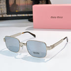Gold metal sunglasses with light blue lenses and rectangular square frames