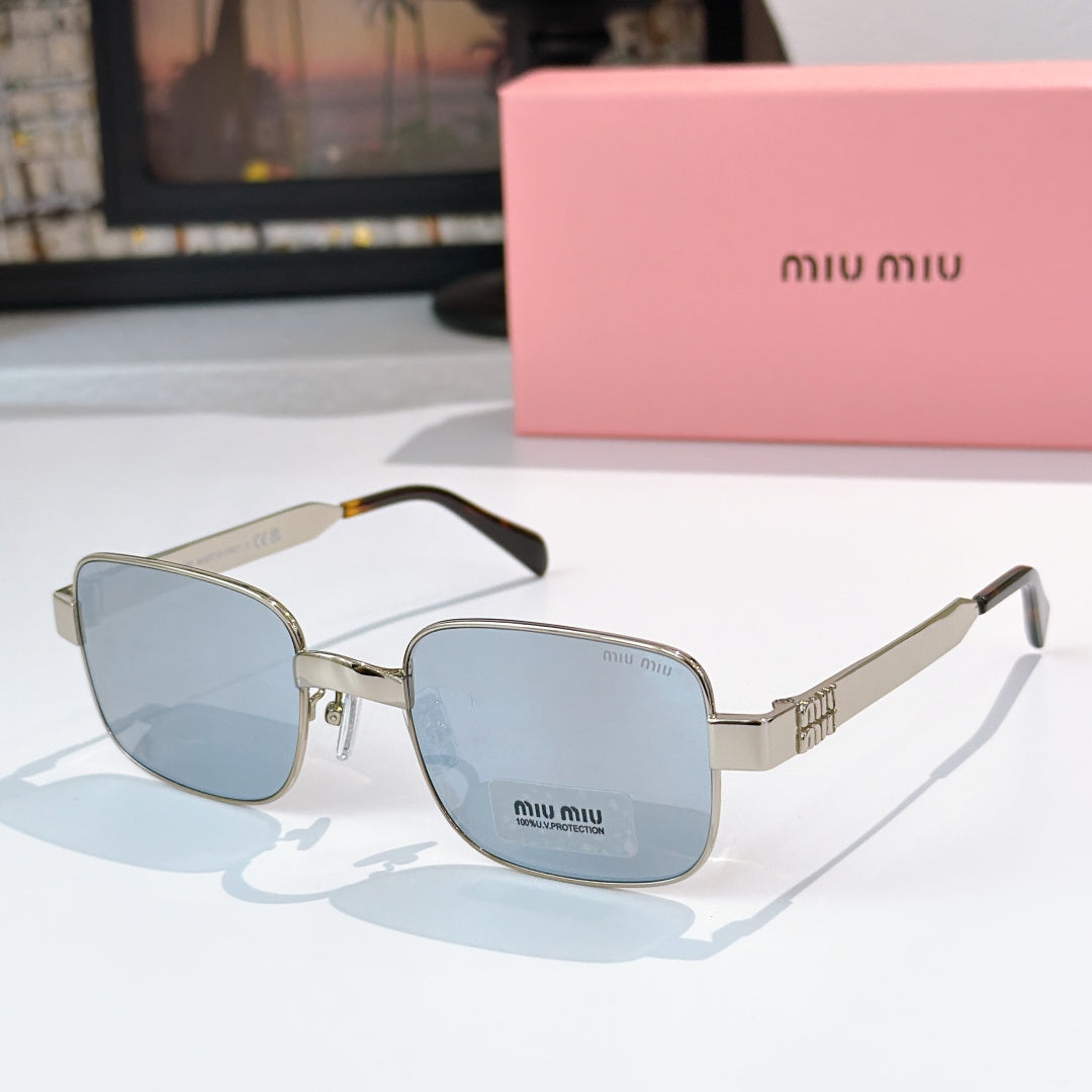 Gold metal sunglasses with light blue lenses and rectangular square frames