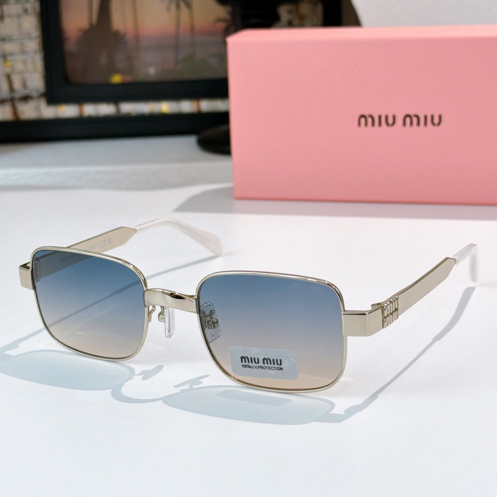 Gold metal sunglasses with blue tinted lenses and rectangular square frames