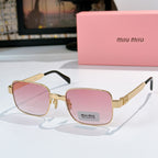 Gold metal sunglasses with pink tinted lenses and rectangular square frames