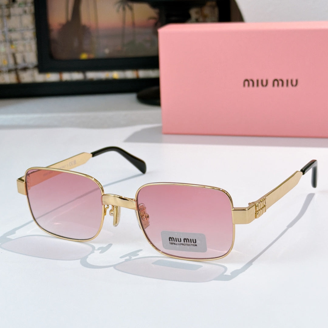 Gold metal sunglasses with pink tinted lenses and rectangular square frames