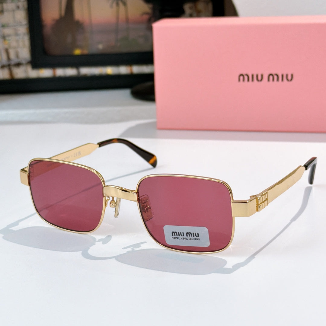 Gold metal sunglasses with rose tinted lenses and rectangular square frames