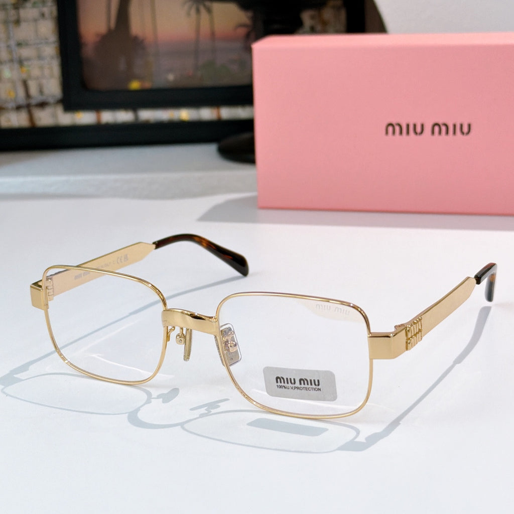 Gold metal eyeglasses with clear lenses and rectangular square frames