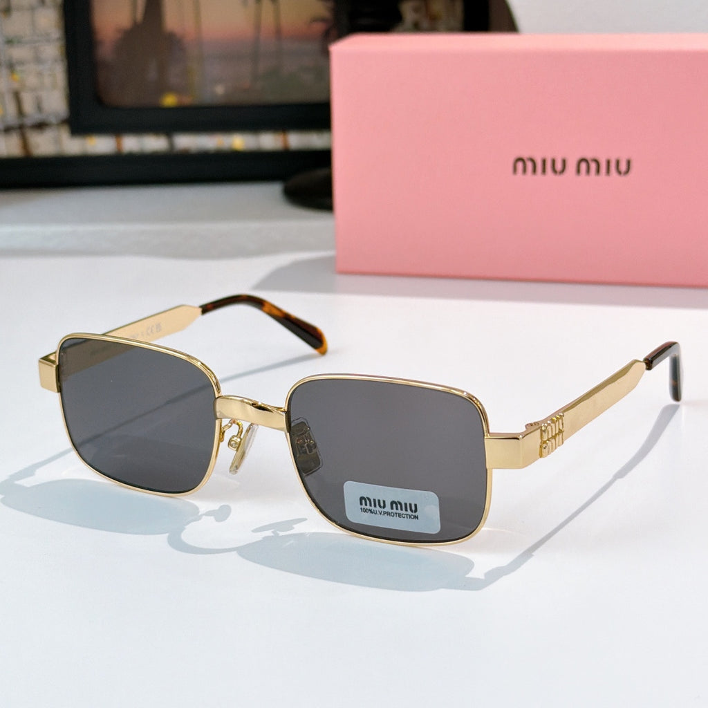 Gold metal sunglasses with dark blue lenses and rectangular square frames