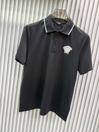 Black Versace polo shirt, button placket and white contrast collar with Medusa crest