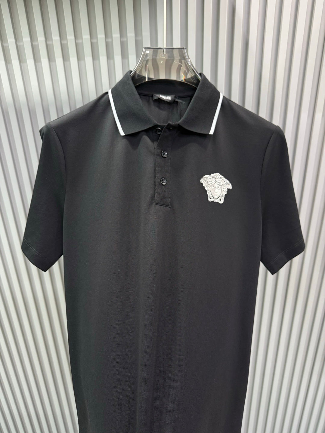Black Versace polo shirt with white contrast collar and chest Medusa crest