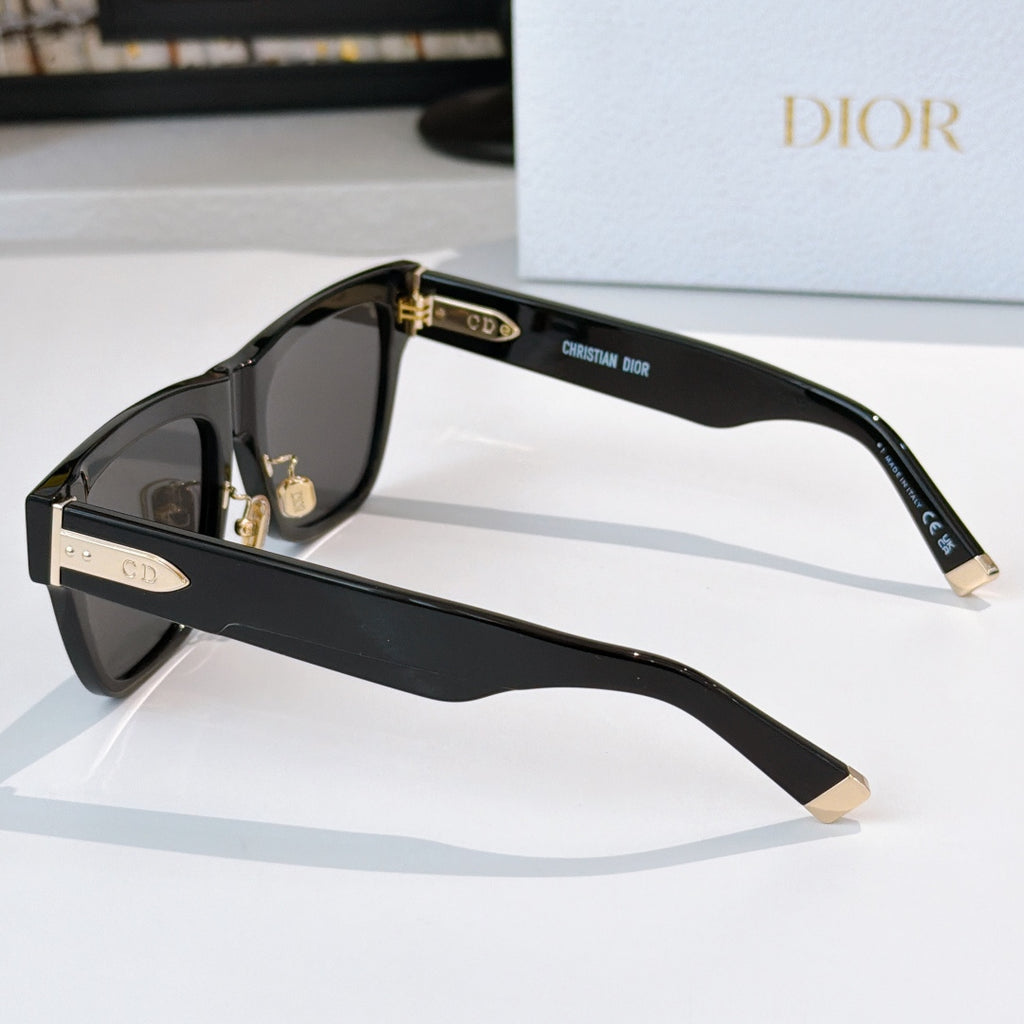 Dior sunglasses side view, black frame with gold-tone hardware