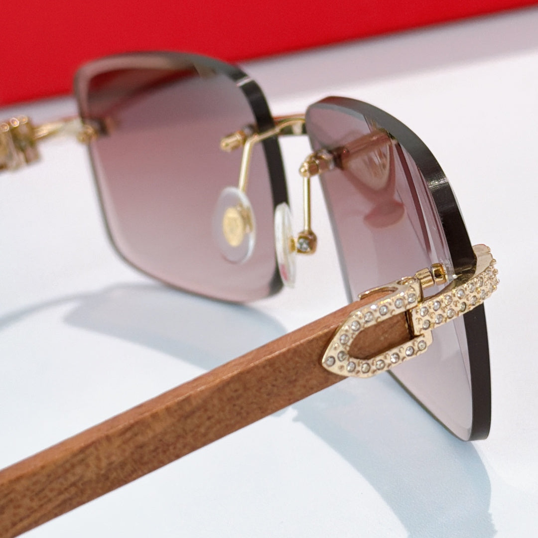 Square sunglasses with brown tinted lens, silver top bar, and gold hanging detail on temple