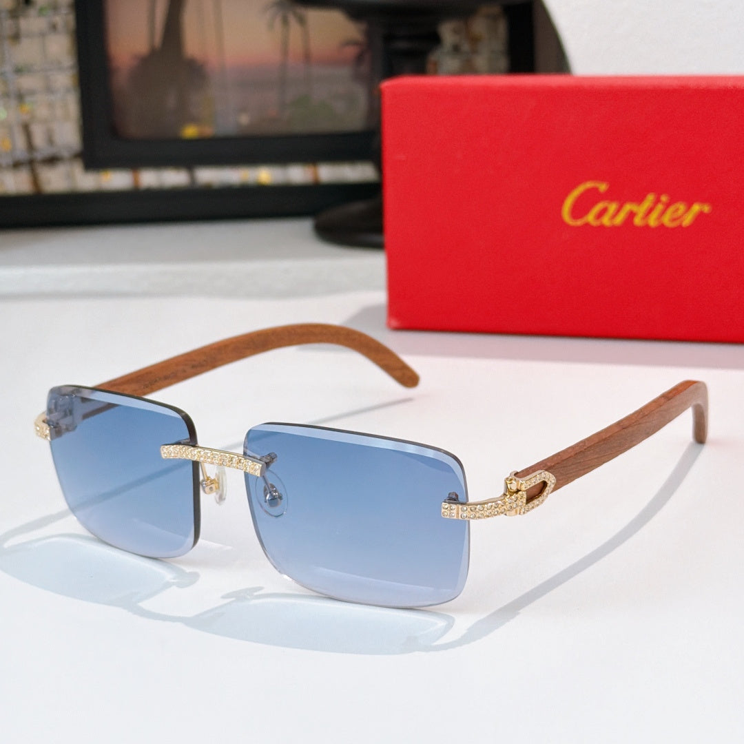 Square sunglasses with wood-look brown arms and light blue tinted lenses, gold frame accents