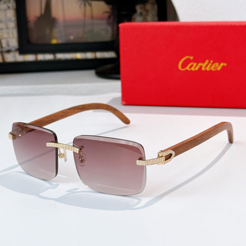 Square sunglasses with wood-look brown arms and mauve tinted lenses, gold embellished bridge