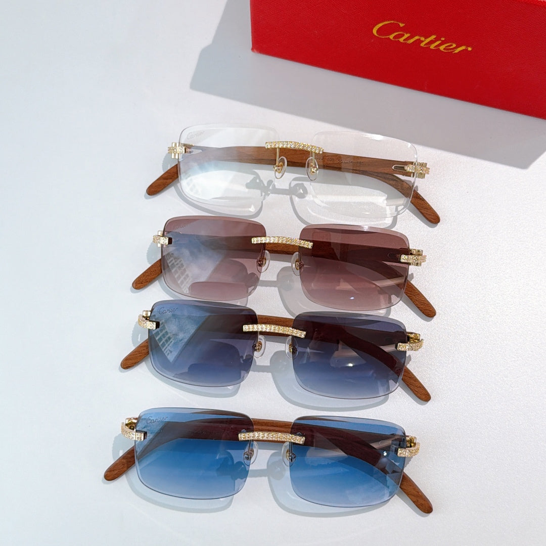 Assorted square sunglasses with wood-look brown arms and blue, pink, and clear lenses