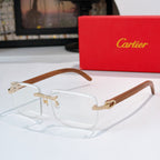 Square sunglasses with wood-look brown arms and clear lenses, gold bar details