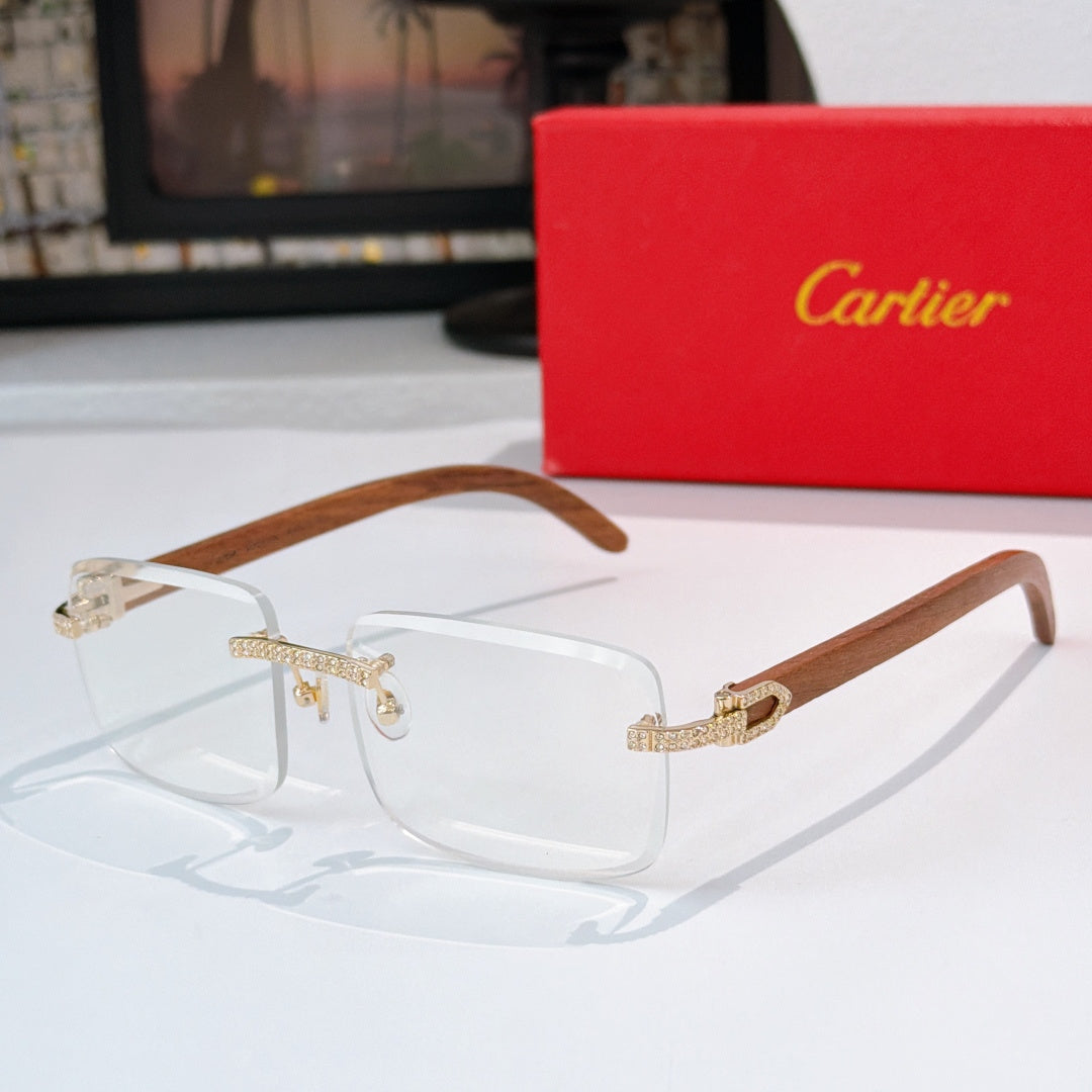Square sunglasses with wood-look brown arms and clear lenses, gold bar details