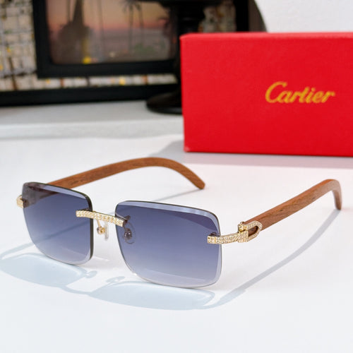 Square sunglasses with light brown wood-look arms and blue tinted lenses, gold hardware