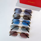 Set of octagonal sunglasses with gold frames and blue, dark, and red lenses