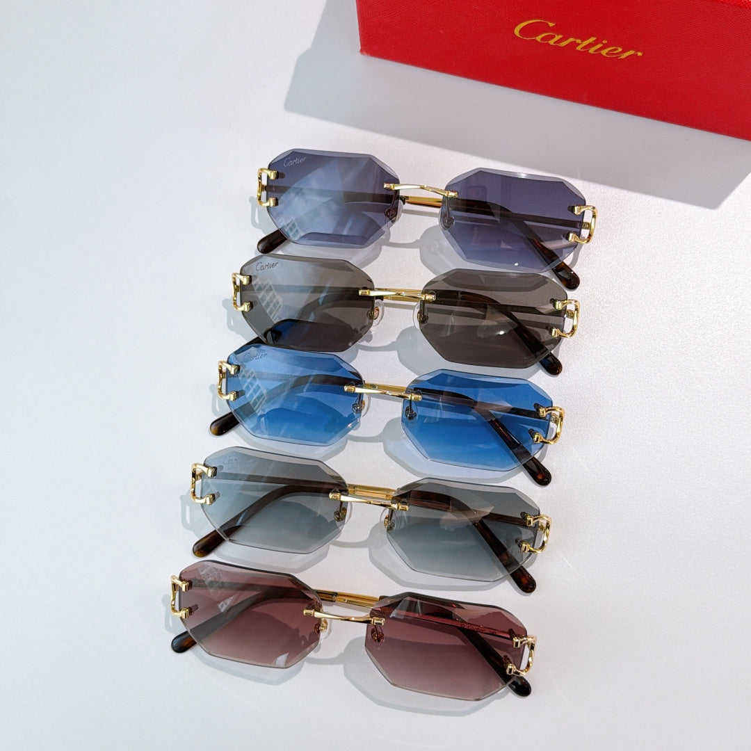Set of octagonal sunglasses with gold frames and blue, dark, and red lenses