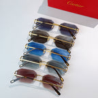 Assorted octagonal sunglasses with gold frames and blue, dark, and brown lenses