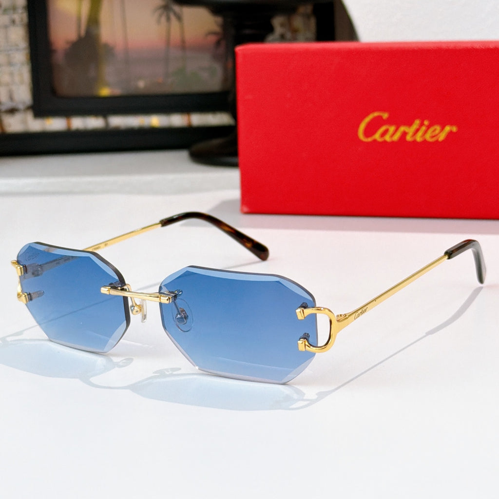 Gold metal octagonal sunglasses with blue lenses and dark tortoise temples