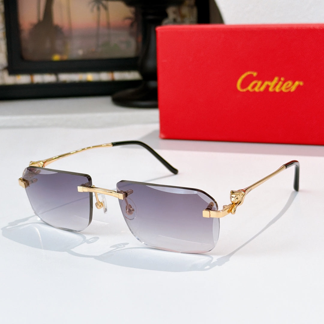 Cartier glasses with gold frames and deep purple lenses, black temples and bridge detail