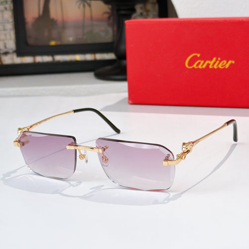 Cartier glasses with gold frames and purple-tinted lenses, black temple arms