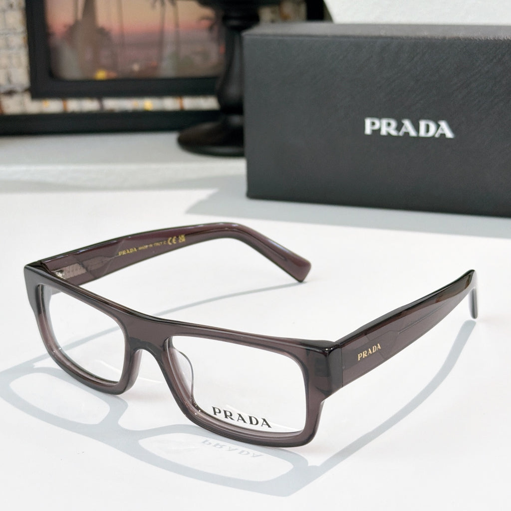 Prada eyeglasses with dark brown rectangular frame and clear lenses