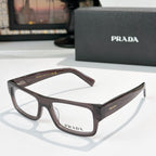 Prada eyeglasses with dark brown rectangular frame and clear lenses