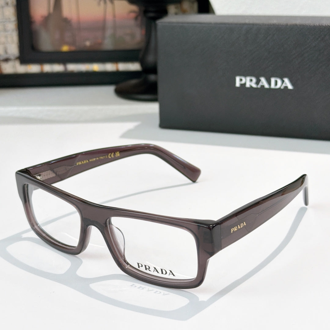 Prada eyeglasses with dark brown rectangular frame and clear lenses