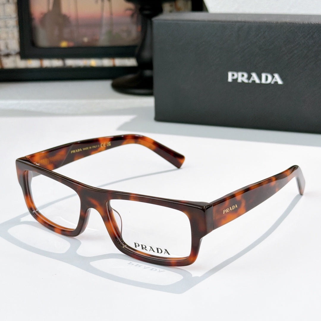 Prada eyeglasses with tortoiseshell rectangular frame and clear lenses