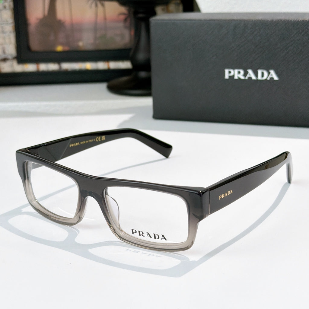 Prada eyeglasses with black rectangular frame and clear lenses
