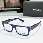 Prada eyeglasses with blue rectangular frame and clear lenses