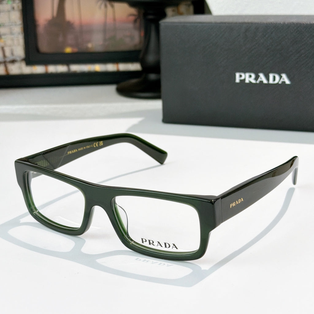 Prada eyeglasses with green rectangular frame and clear lenses