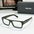 Prada eyeglasses with green rectangular frame and clear lenses